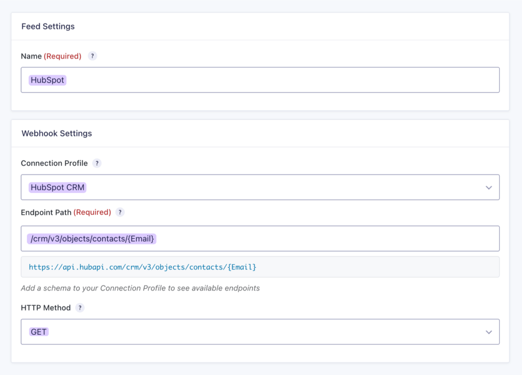 API Alchemist feed settings display the Webhook Settings section filled in.