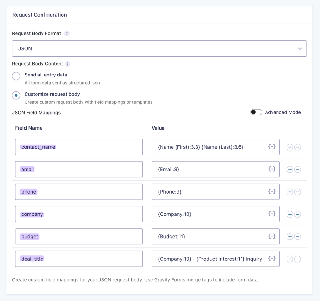 The GC API Alchemist feed setup screen shows the JSON field mappings, with each field labeled with its corresponding form field merge tag.