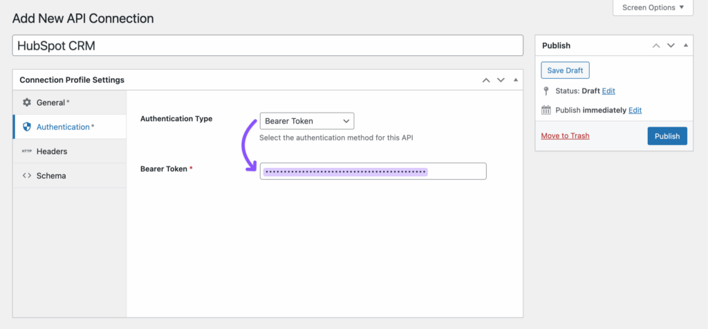 The Authentication tab displays the type set to Bearer Token with the bearer token field filled in.