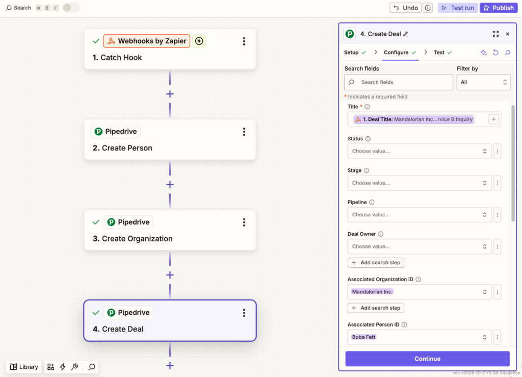 Zapier interface shows a Pipedrive action set to 'Create Deal', with fields mapped on the right panel.