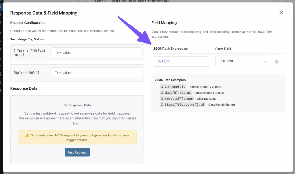 Adding "$.text" to the JSONPath Expression setting in the Response Data & Field Mapping modal