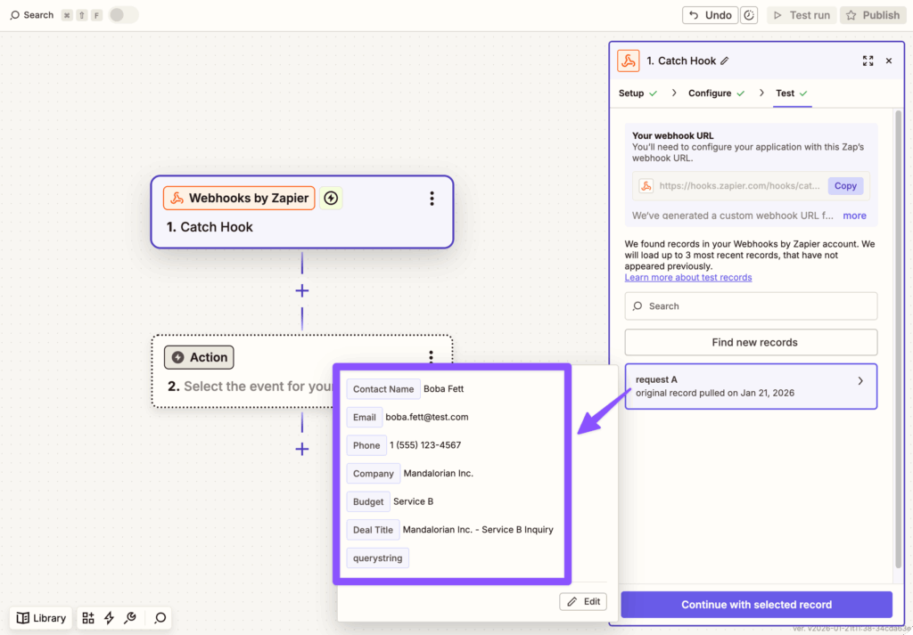 Zapier interface displays a Gravity Forms entry as a record in the webhook panel on the right screen, with the entry selected and form fields visible.