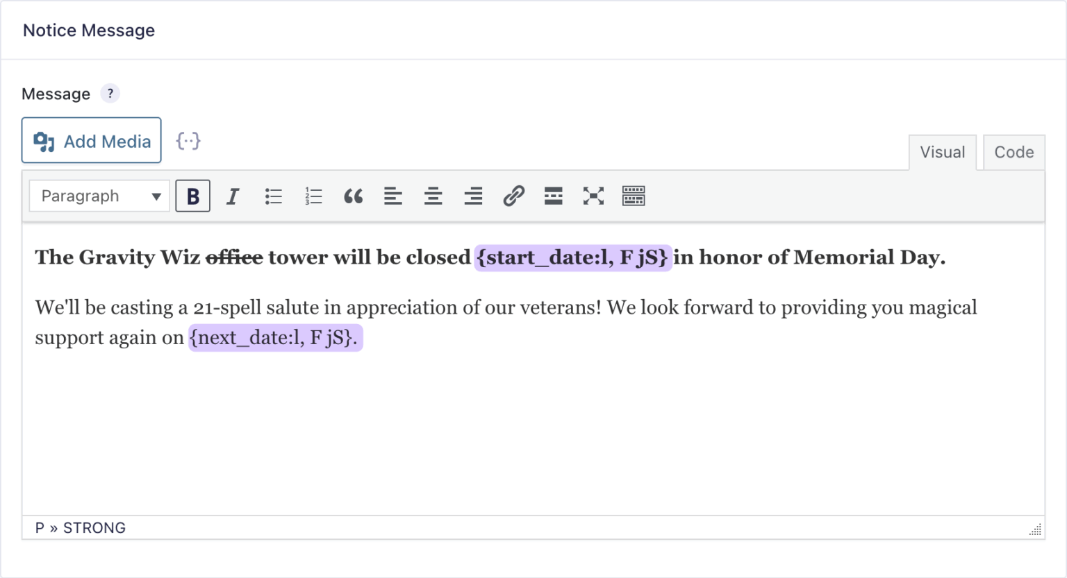 Form notice message preview