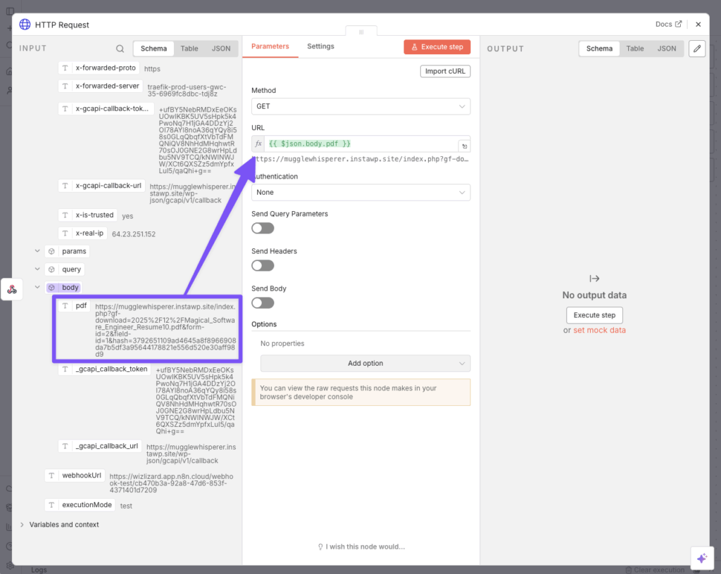 Dragging the "pdf" key from input into the URL setting