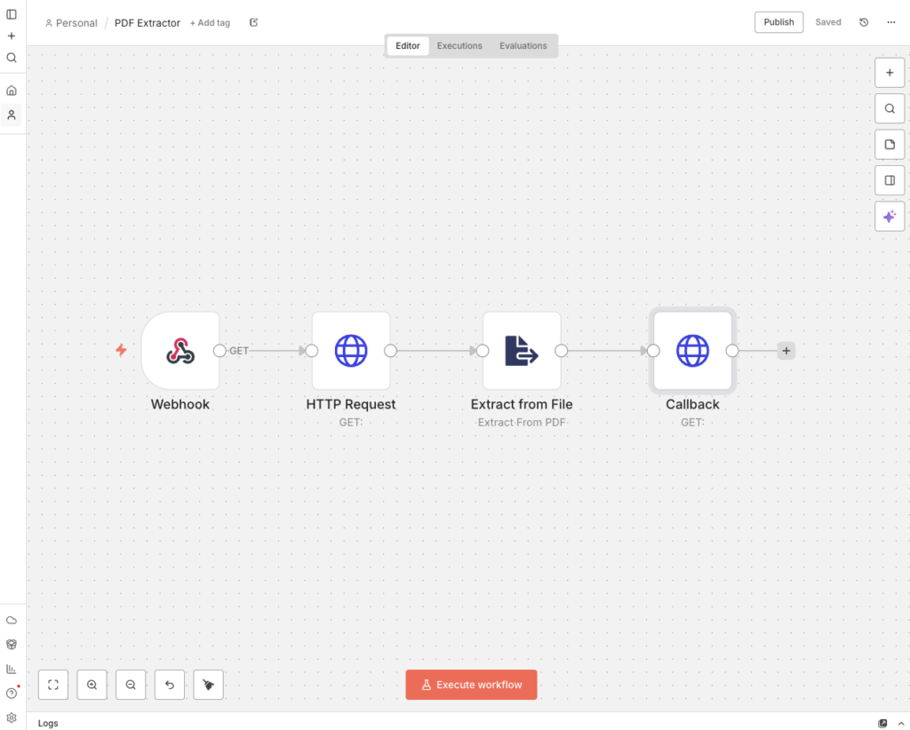 Showing full n8n workflow with all nodes (steps) in place: Webhook, HTTP Request, Extract from File, and Callback