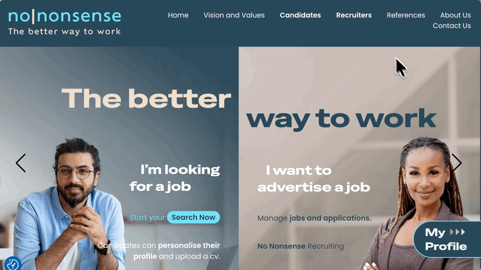 A user navigates from the site's homepage to the recruiter dashboard and cycles through available tabs: edit details, view jobs, and add a new job.
