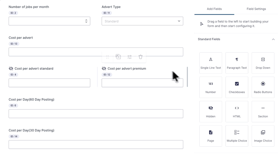 User clicks number fields in the form editor with advanced calculations highlighted. On the frontend, typing '10' in jobs per month instantly calculates all costs below.