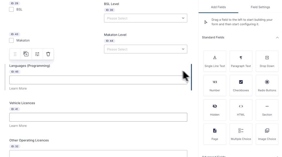 A user clicks on a multiselect field in the form editor with GP Advanced Select enabled and highlighted. On the frontend, the user clicks on the 'Languages' multiselect field, types in three programming languages, and selects them.