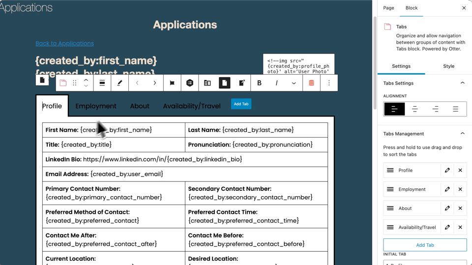 A user clicks on different tabs—profile, employment, about, and availability—and each tab shows that Entry Blocks is configured.