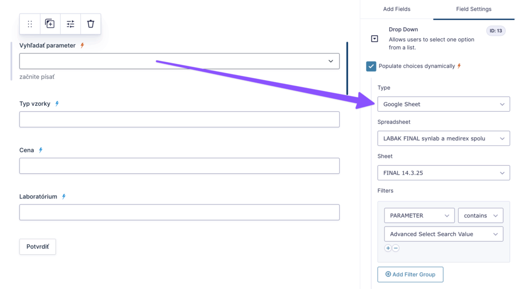A drop down field is selected in the form editor, with the 'Populate choices dynamically' setting toggled on and connected to Google Sheet.
