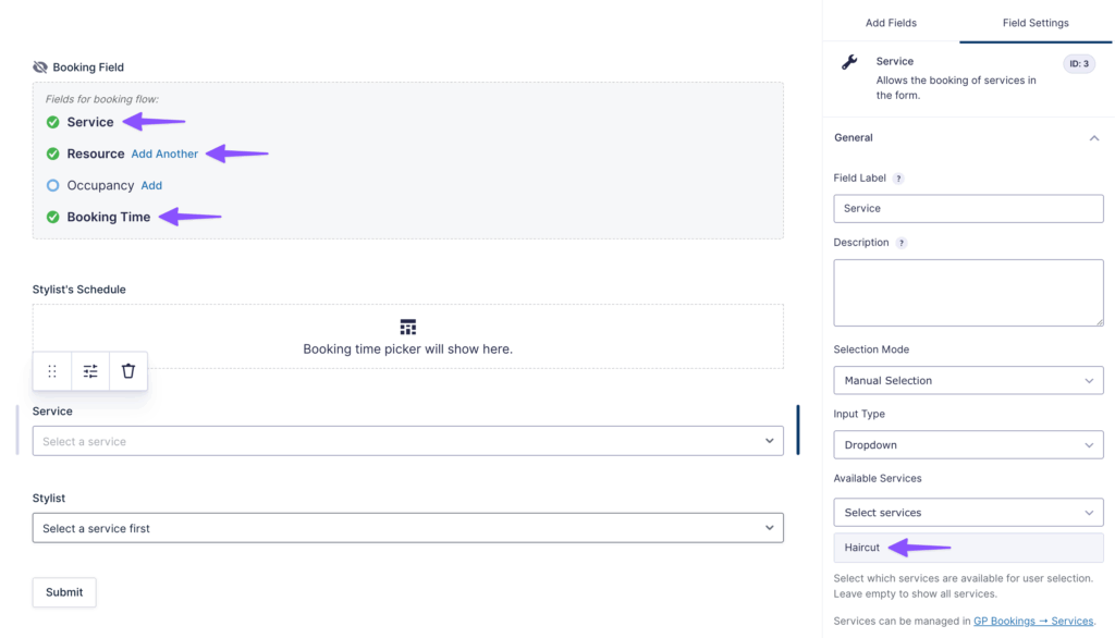 Form editor displays a Booking field with Service, Resource, and Booking Time fields added.