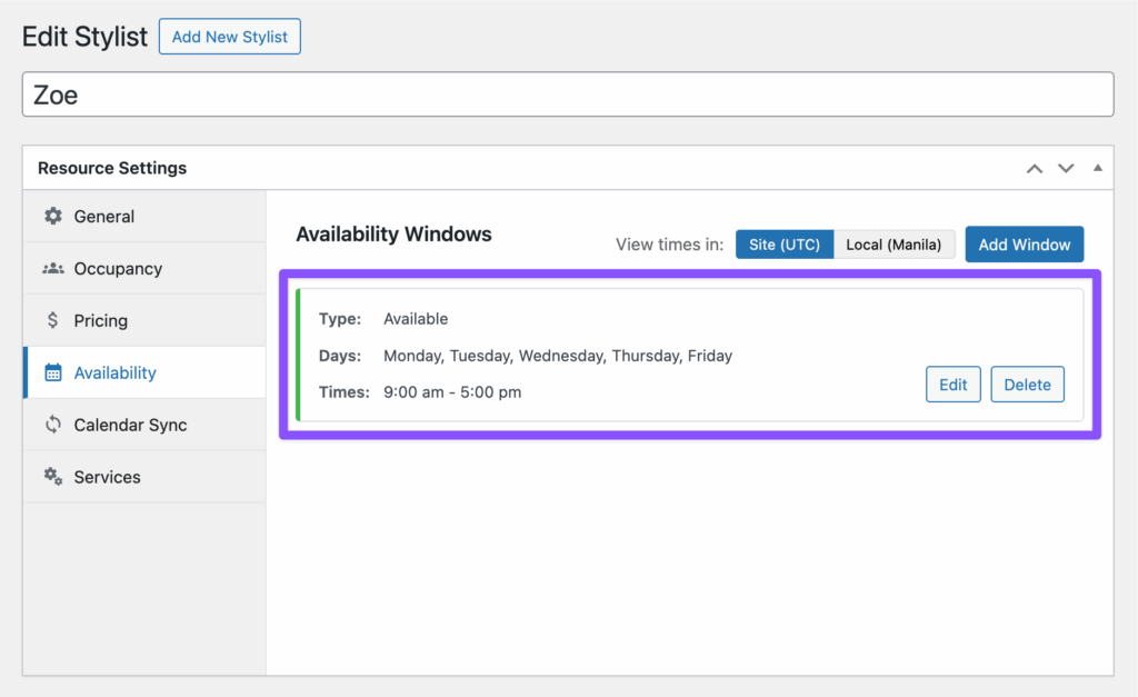 The availability window shows stylist Zoe’s schedule.