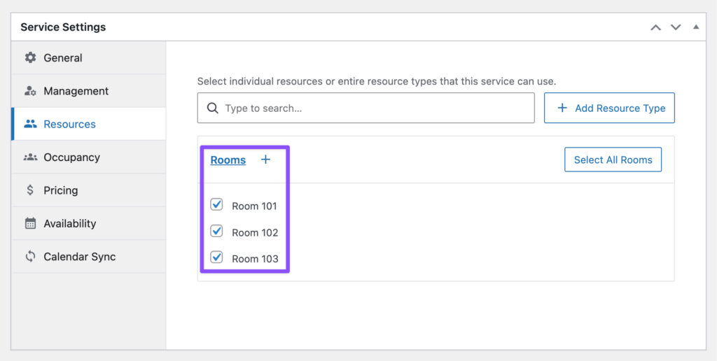 Resources tab in the Service settings shows a Resource (Rooms) highlighted, with three resources listed below it: Rooms 101 to 103.