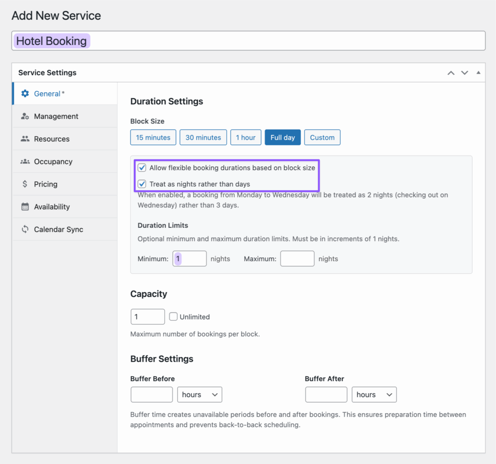 A new Service named ‘Hotel Booking’ is added in the Service settings, with various settings configured and enabled.
