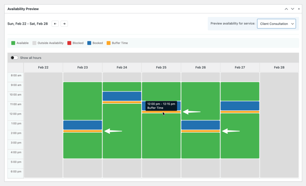 An attorney’s availability calendar displays multiple time slots booked with 15-minute buffer time for each.