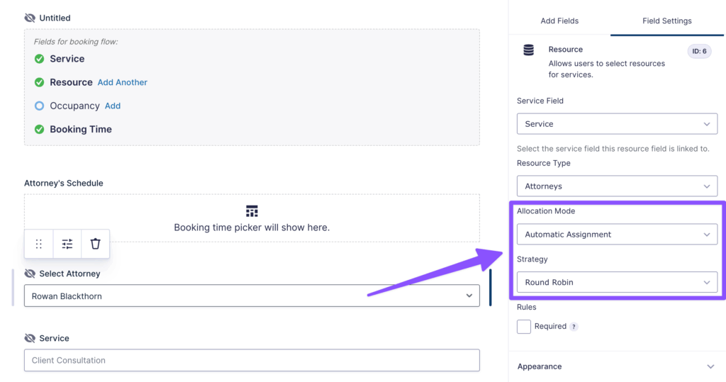 A form editor displays a resources field with allocation mode set to automatic assignment and strategy set to round robin.