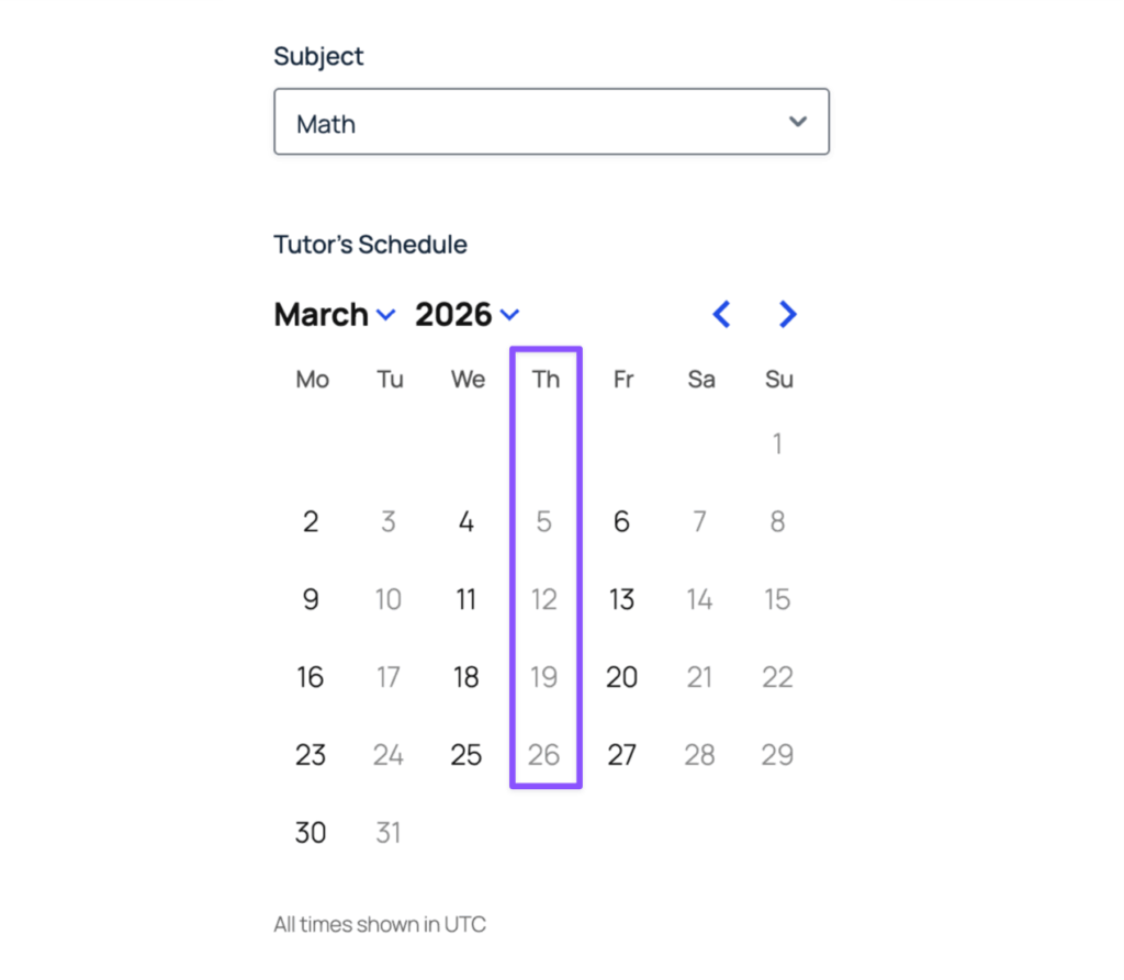 Frontend booking form with Math selected. Calendar shows March 2026 with only Monday, Wednesday, and Friday available.
