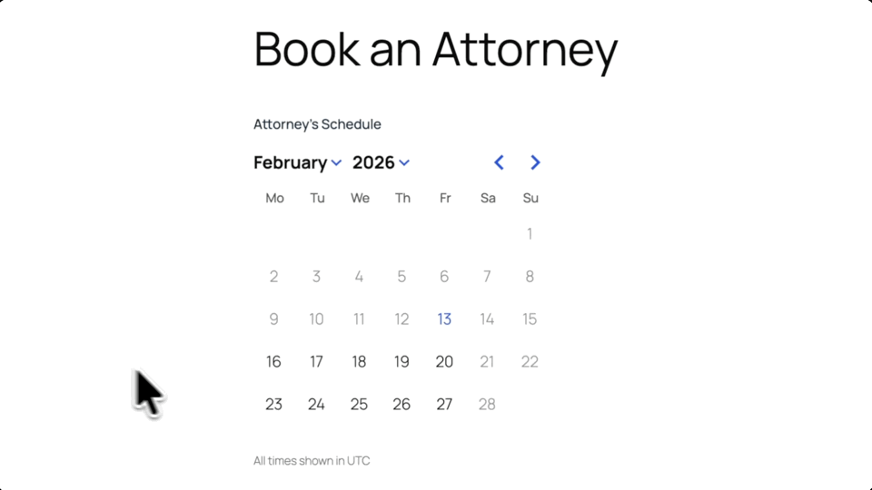 A client books an attorney using the intake form, and the appointment appears on the attorney’s Apple calendar.