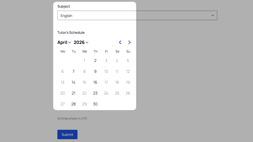 Student switches subject from English to another selection. Calendar updates to reflect that subject's available days in April 2026.