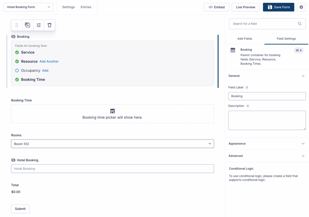 A form editor displays a Hotel Booking form with the following fields: Booking, Booking Time, Rooms, Hotel Booking, and Total.