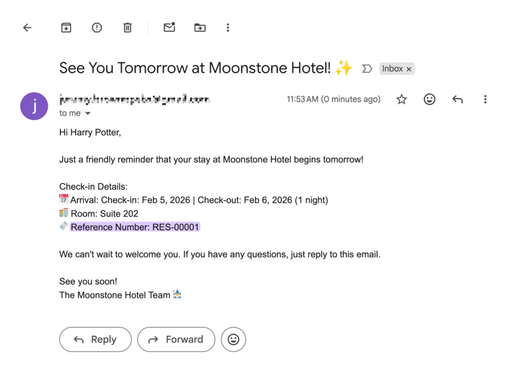 A personalized notification email displays check-in details. The unique reference number is highlighted.