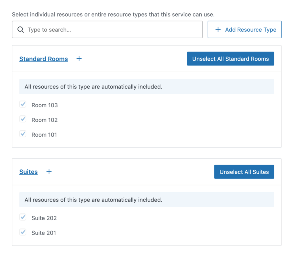 Resources settings display two Resource Types: Standard Rooms and Suites, with rooms assigned to each type.