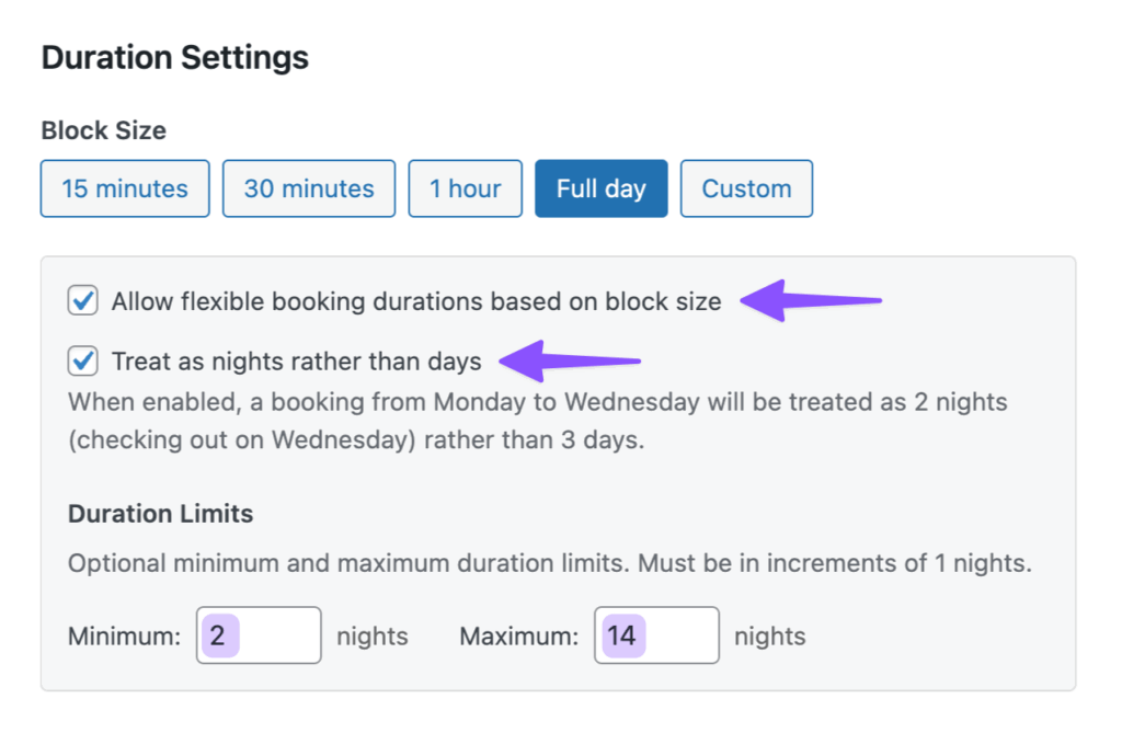 Duration settings show flexible booking enabled with nights as days, minimum duration of 2 nights, and maximum of 14 nights.