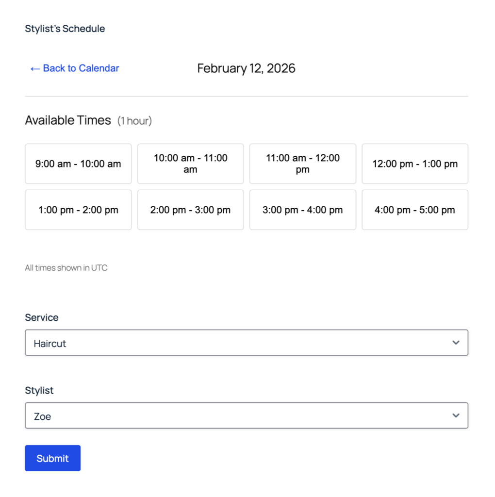 A salon booking form displays available time slots, shows “Haircut” as the selected service, and lists “Zoe” as the selected stylist.