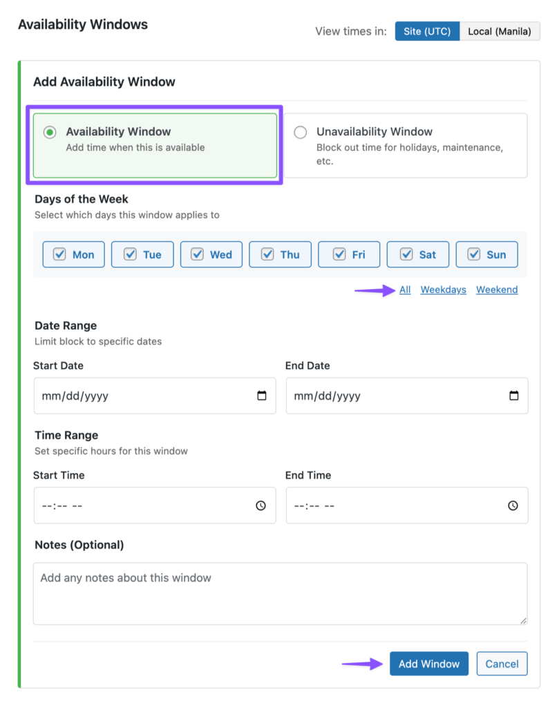 An Availability Window shows all days of the week selected.
