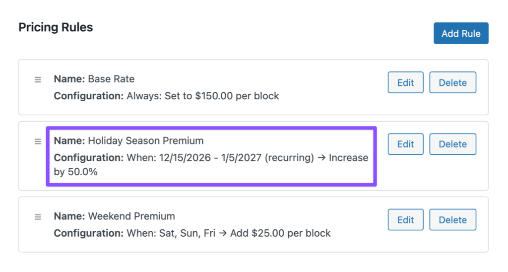 Pricing Rules settings show three pricing rules: Base Rate, Holiday Season Premium, and Weekend Premium. Holiday Season Premium is highlighted.