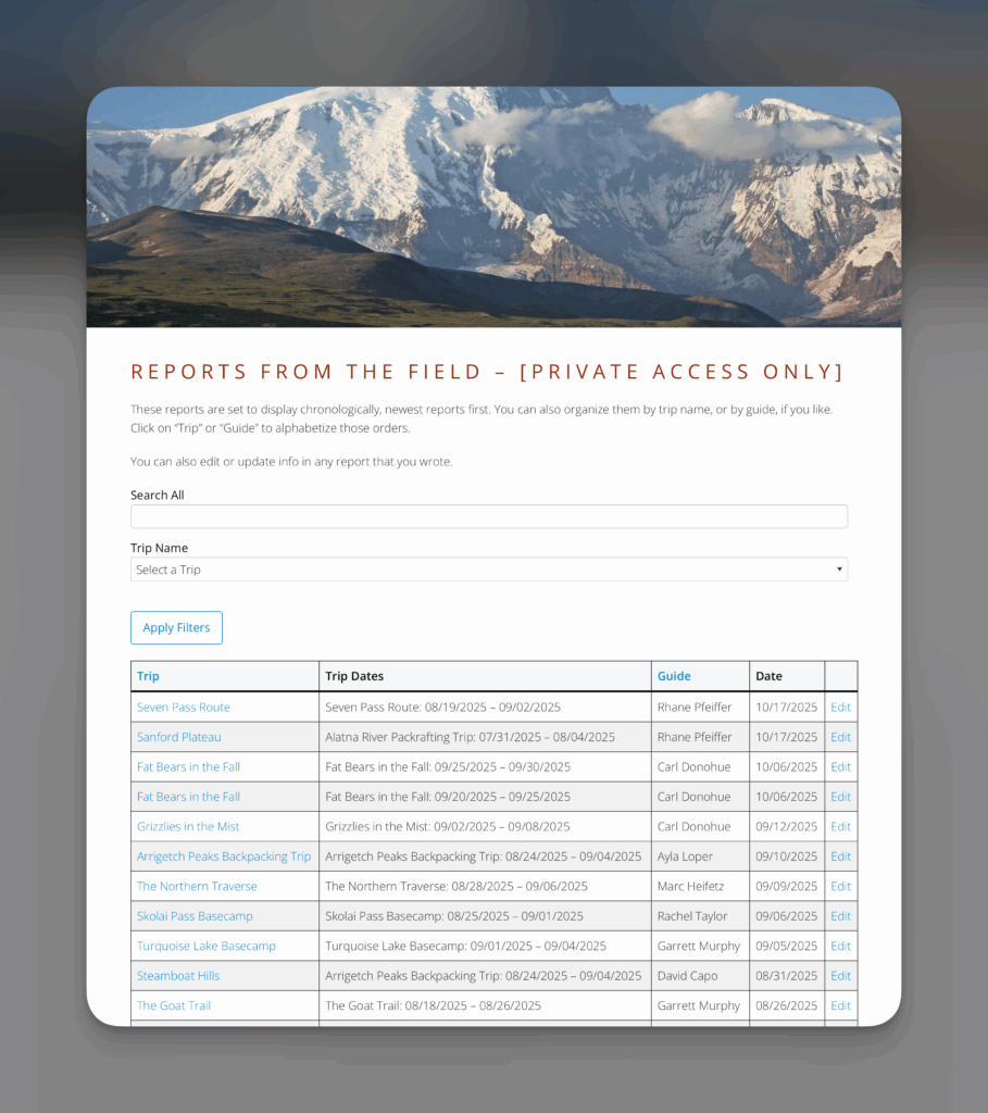 All reports in an Entry Blocks table view with search and filters