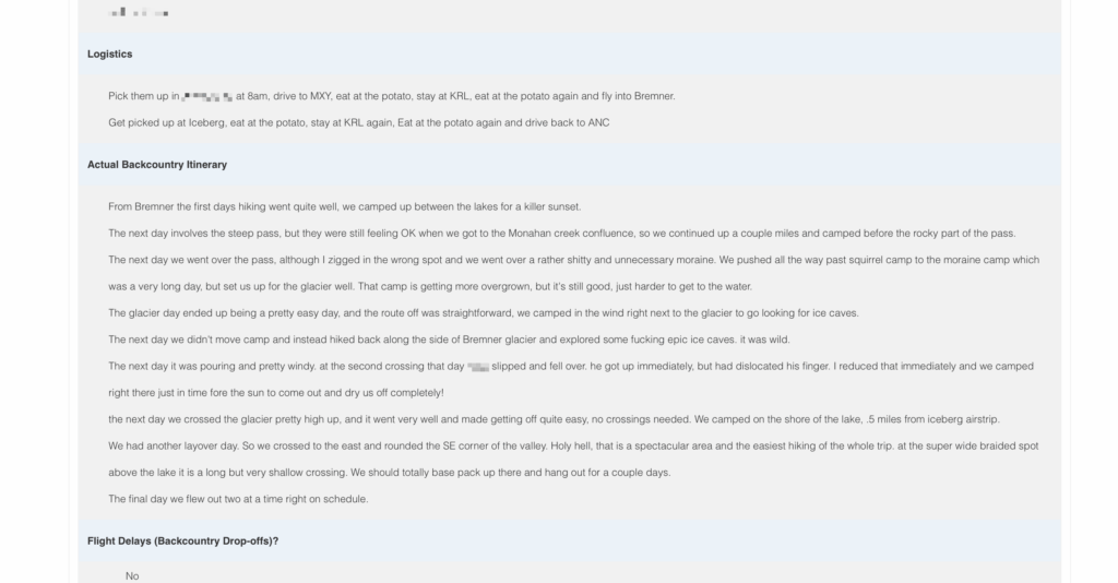 Section of a report narrating the guide's experience