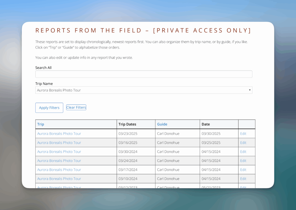 Reports filtered by trip name in Entry Blocks