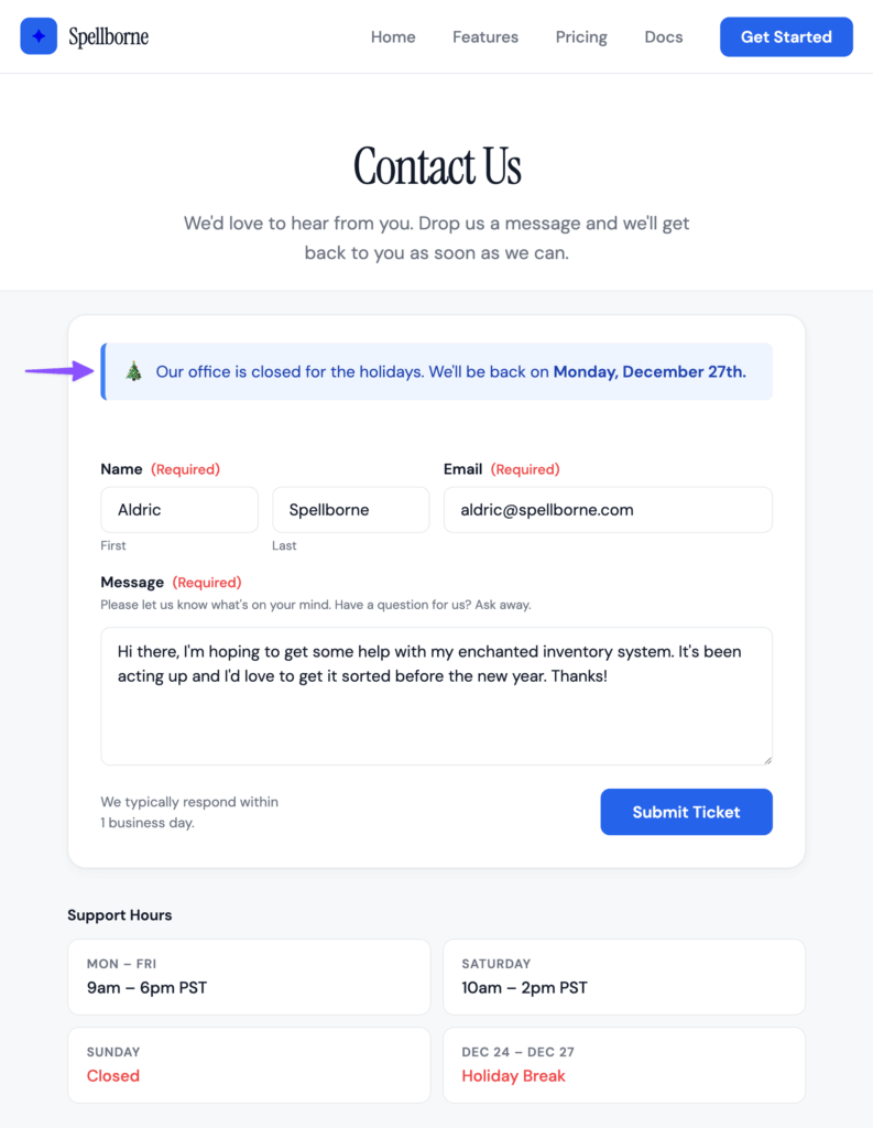 Holiday closure notice displayed above a contact form.