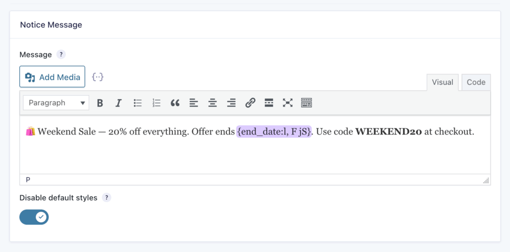 Form Notices message field showing the end_date merge tag in use.