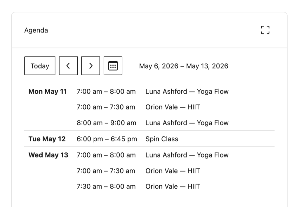 GP Bookings agenda view listing gym class bookings by instructor and time slot for the week of May 6–13, 2026.