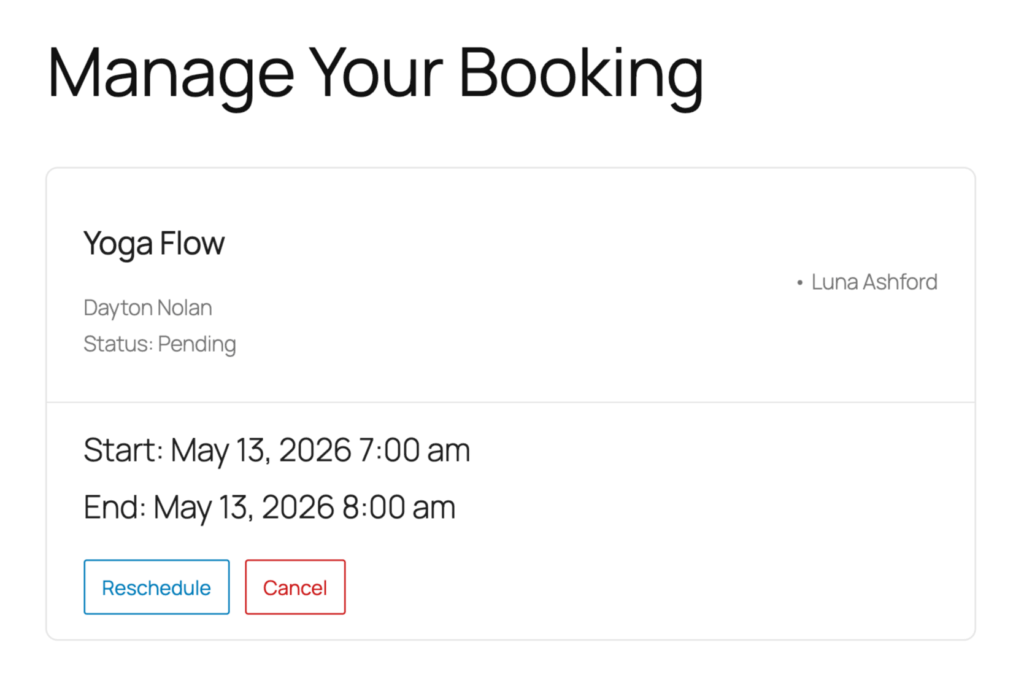 GP Bookings Manage Your Booking page showing a Yoga Flow booking with Reschedule and Cancel options.