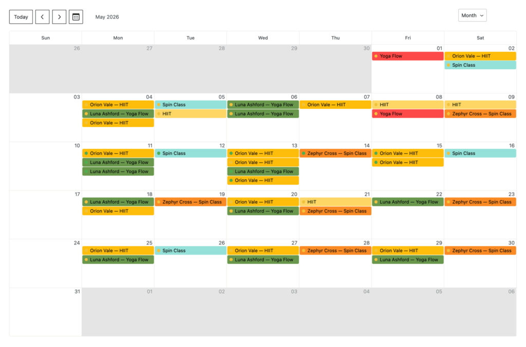 GP Bookings dashboard in month view showing color-coded gym class bookings across May 2026.