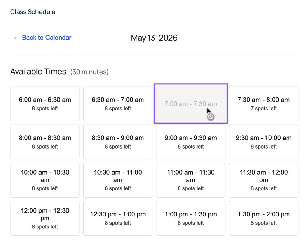 GP Bookings booking time field showing a fully booked 7:00–7:30 am slot on May 13, 2026 grayed out alongside available slots.