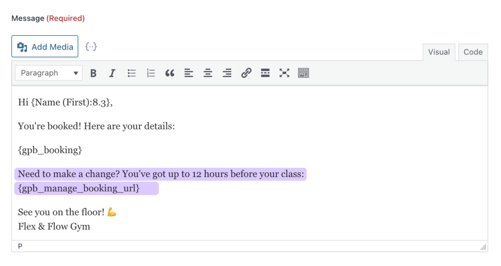 Gravity Forms notification editor showing the gpb_manage_booking_url merge tag inside a booking confirmation email.