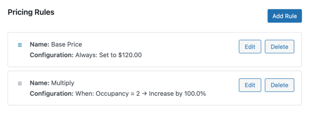 Pricing Rules show two rules for a service: a base price of $120.00, and a second rule that increases the total by 100% when Occupancy equals 2.