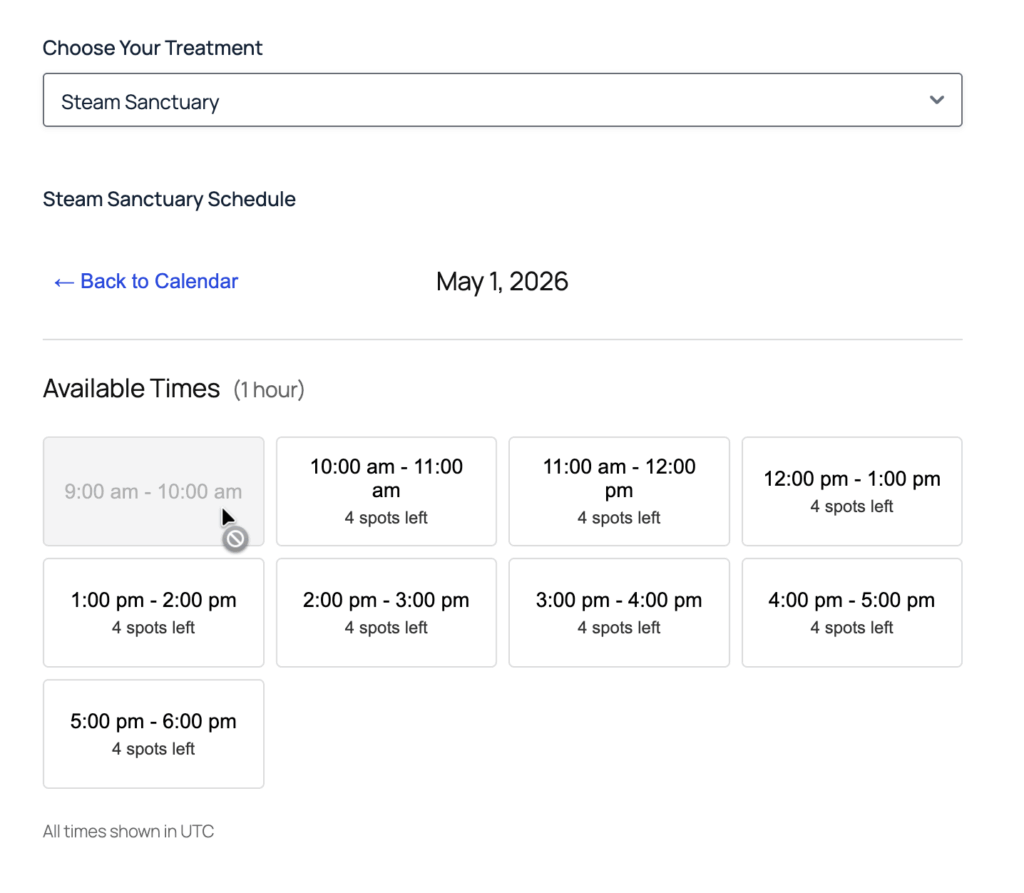 Sanctuary” service showing available hourly time slots on May 1, 2026, with 4 spots left per slot and the 9:00 am slot already fully booked.