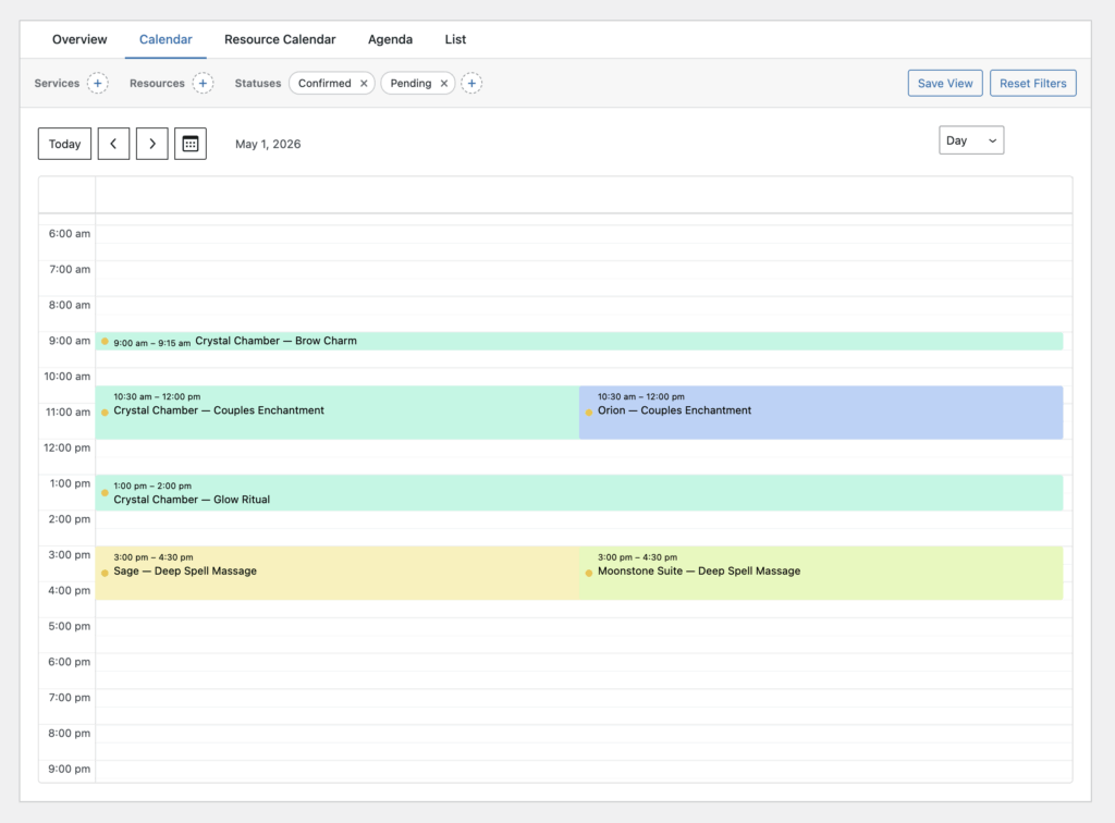 GP Bookings dashboard showing four spa appointments on May 1, 2026, each with assigned rooms and massage therapists.