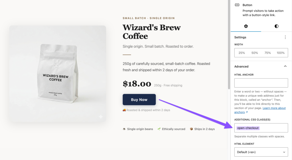 Gutenberg block editor showing the Advanced tab with open-checkout entered in the Additional CSS class field, alongside the Wizard's Brew Coffee product page.