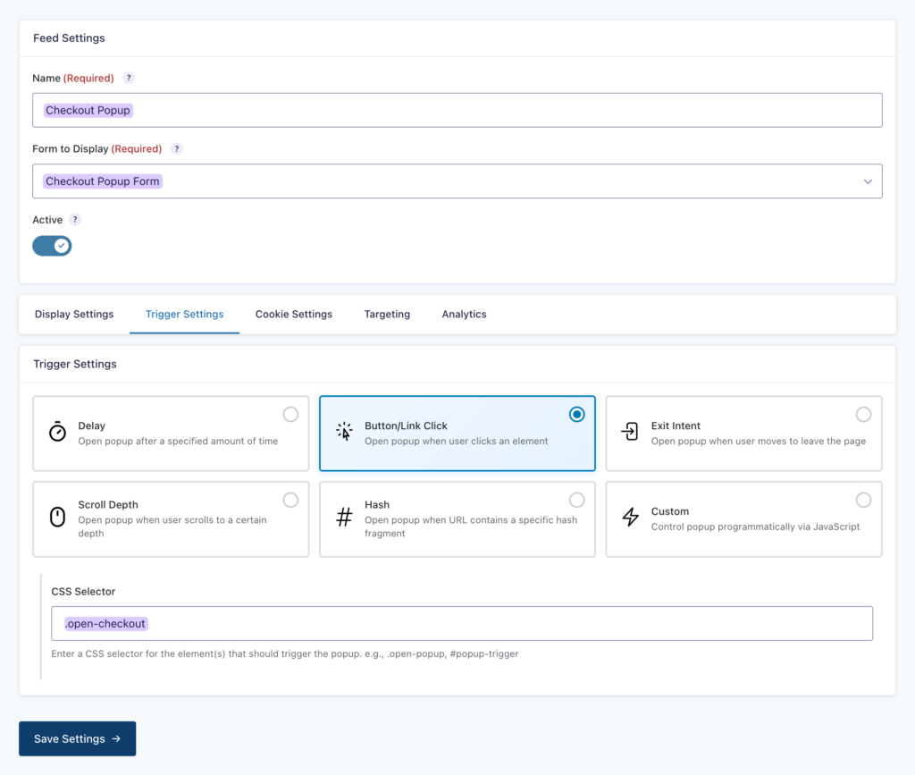 GP Popups feed settings with Button/Link Click trigger selected and .open-checkout entered in the CSS Selector field.