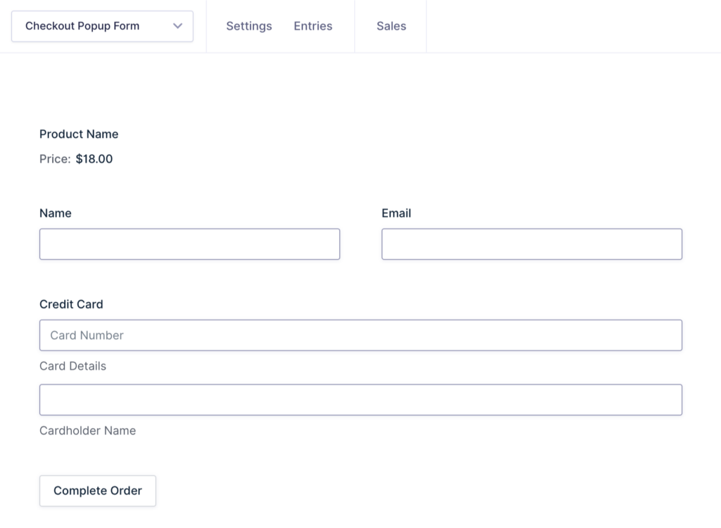 Gravity Forms editor showing a checkout popup form with product, name, email, and credit card fields.