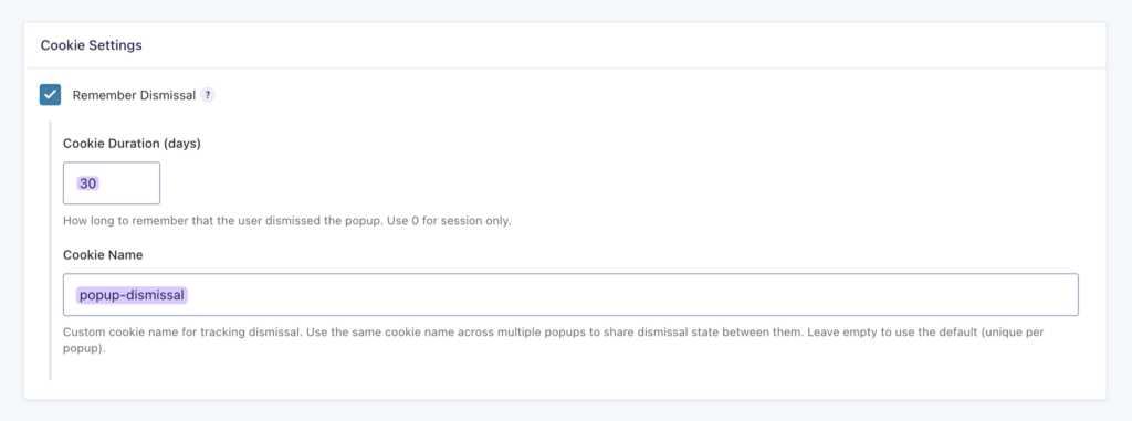 GP Popups Cookie Settings tab with Remember Dismissal checked, Cookie Duration set to 30 days, and Cookie Name set to ‘popup-dismissal’.