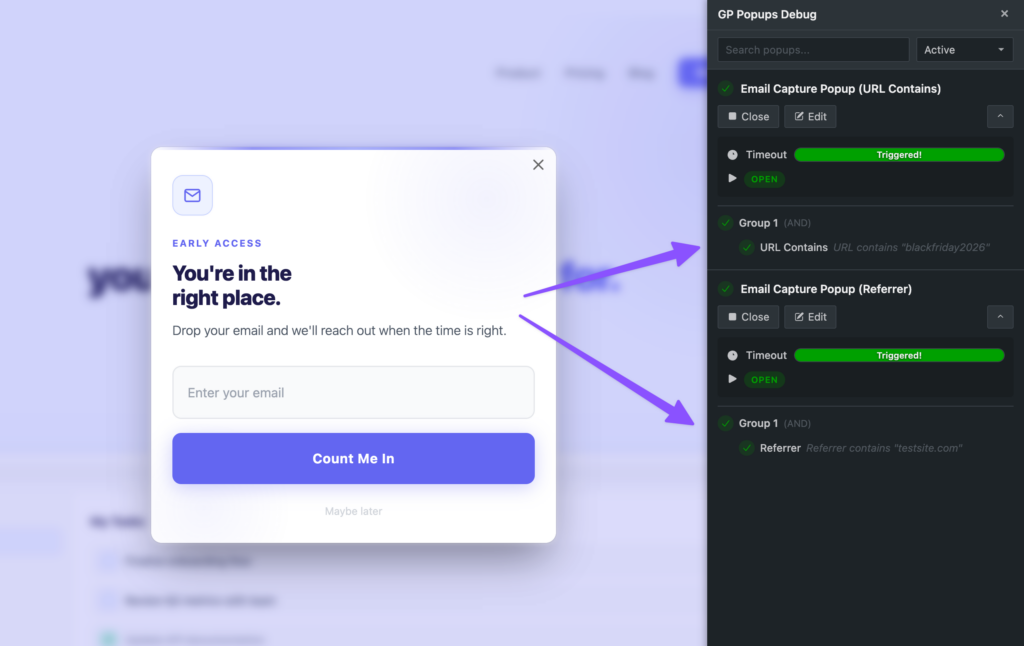 GP Popups popup is displayed alongside the GP Popups Debugger panel showing both URL Contains and Referrer targeting rules matched and triggered.