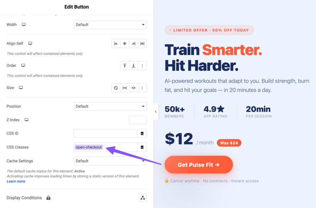 Elementor Advanced tab showing open-checkout entered in the CSS Classes field, alongside the Pulse Fit landing page.