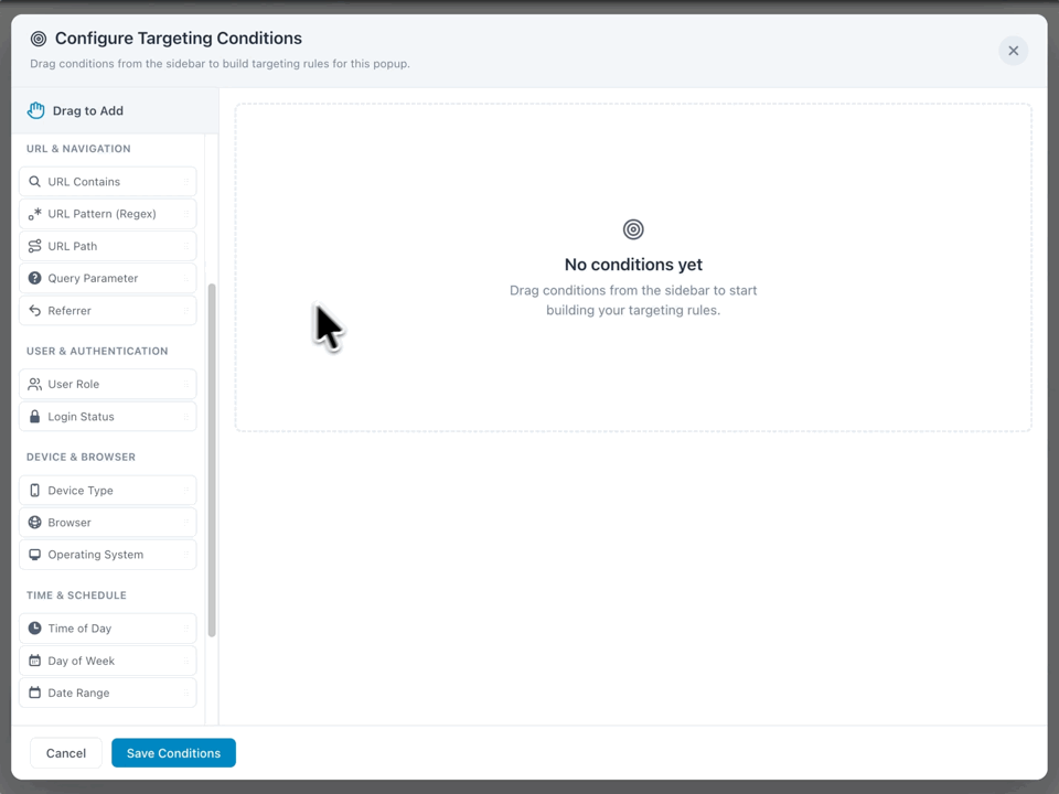 The Configure Targeting Conditions window opens as a user drags the Referrer condition into the conditions area and types a URL.